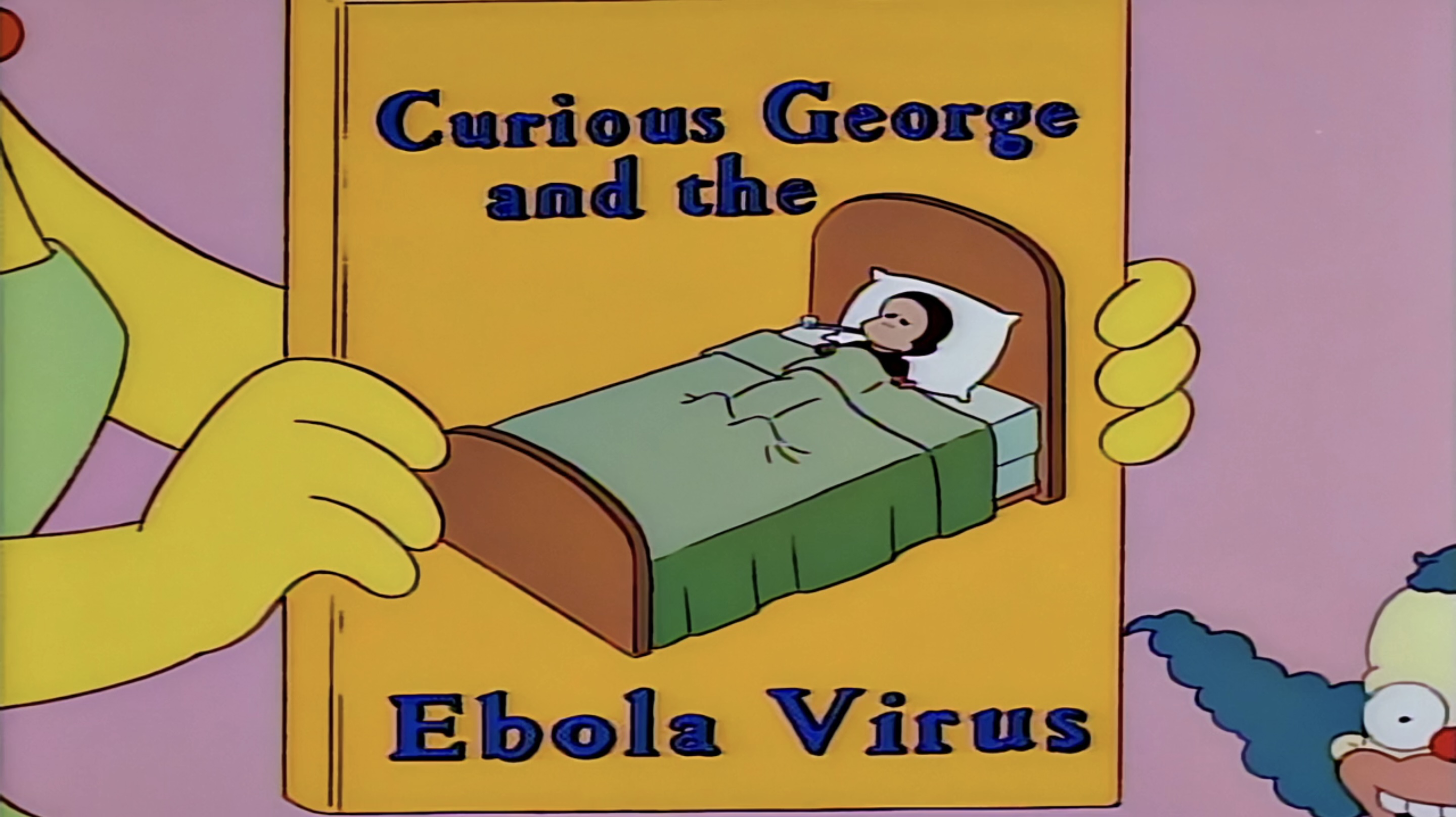 Marge sosteniendo un libro llamado "Jorge el Curioso y el virus del Ébola" en "Los Simpson".